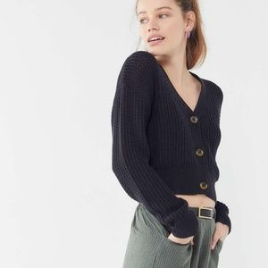 UO Ada Waffle Knit Cropped Black Cardigan, XS